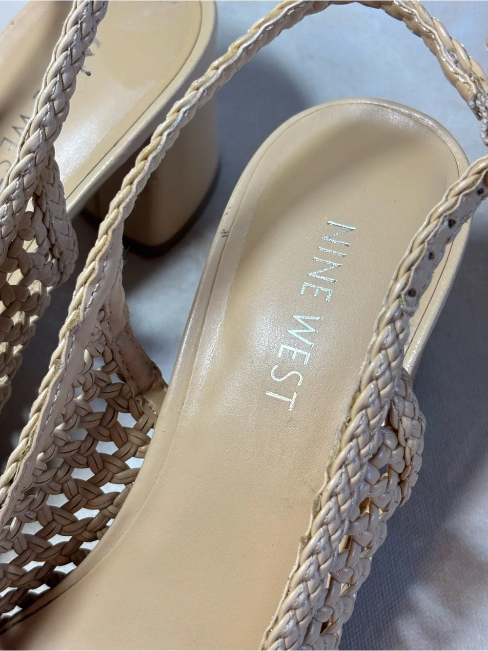Nine West Women's Tan Nude Bamboo Woven Slingback Pumps, size 9.5
